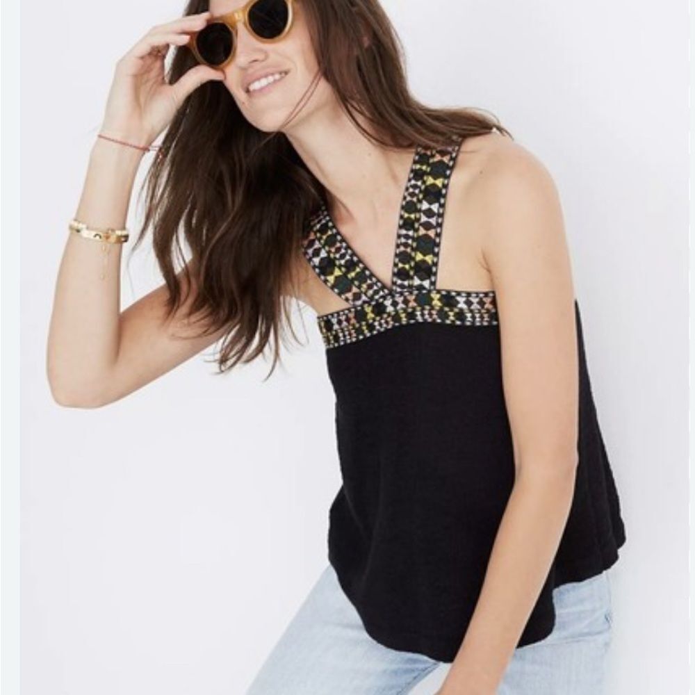 Madewell Black Tank Top with Colorful Embroidery